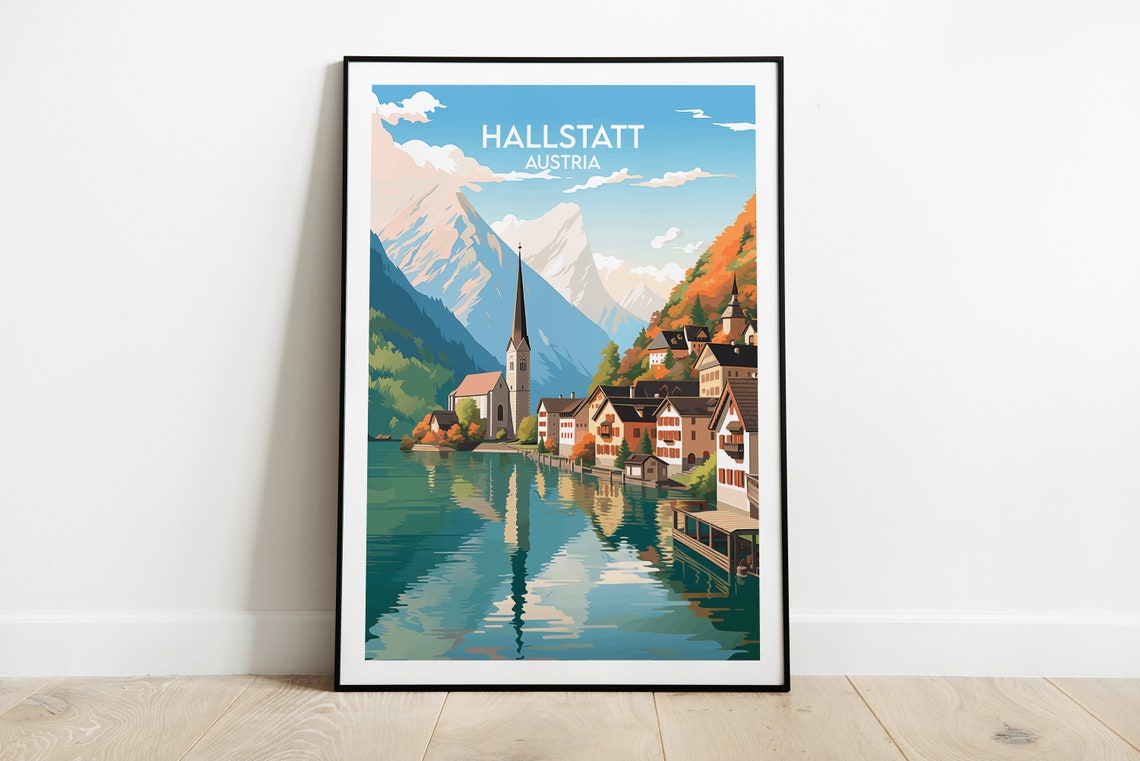 Hallstatt Austria Lakeside Village Vintage Travel Illustration Poster