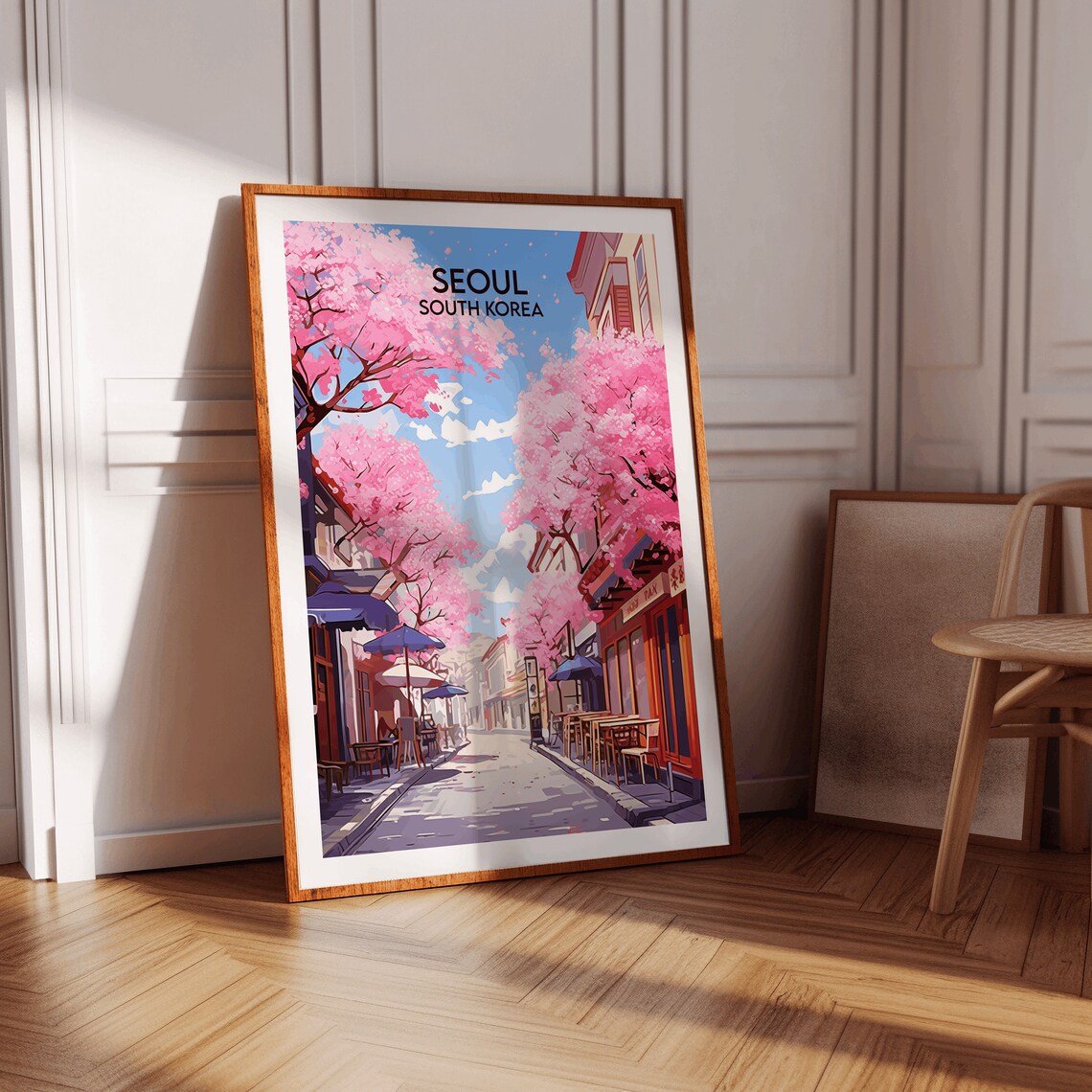 Seoul South Korea Cherry Blossom Street Cafe Travel Poster Art - Image 3