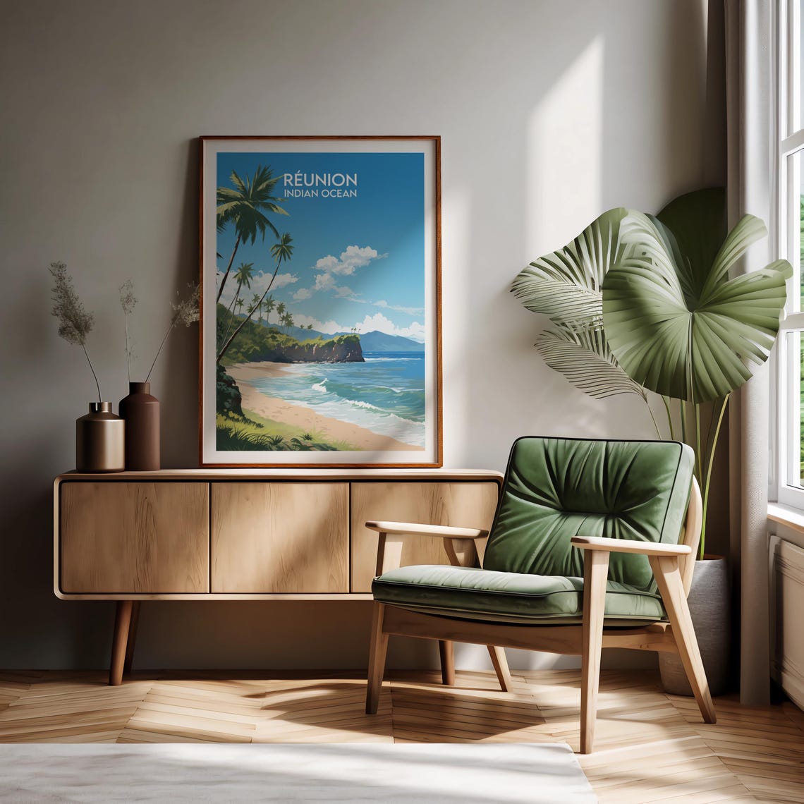 Reunion Indian Ocean Daytime Beach Palms Headland Scenic Travel Poster - Image 2