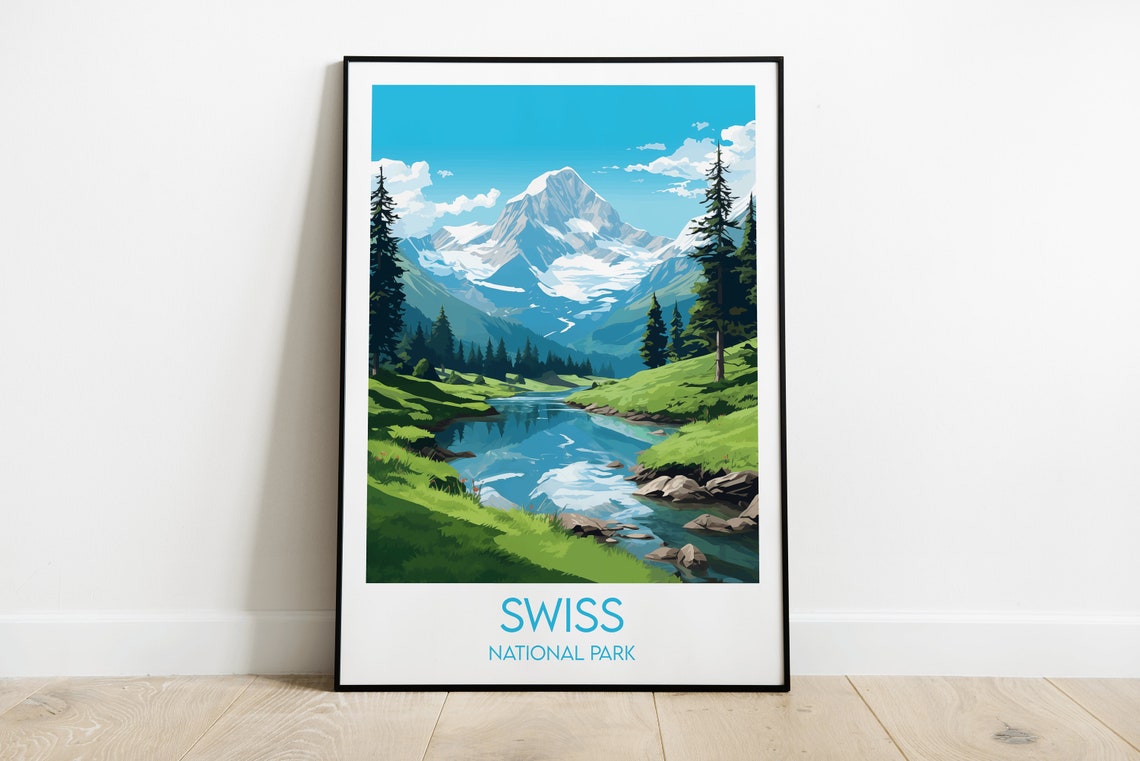 Swiss National Park Alpine Valley Travel Poster Snow Peaks River