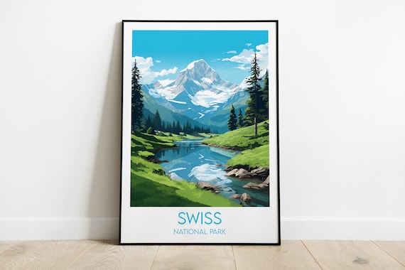 Swiss National Park Alpine Valley Travel Poster Snow Peaks River
