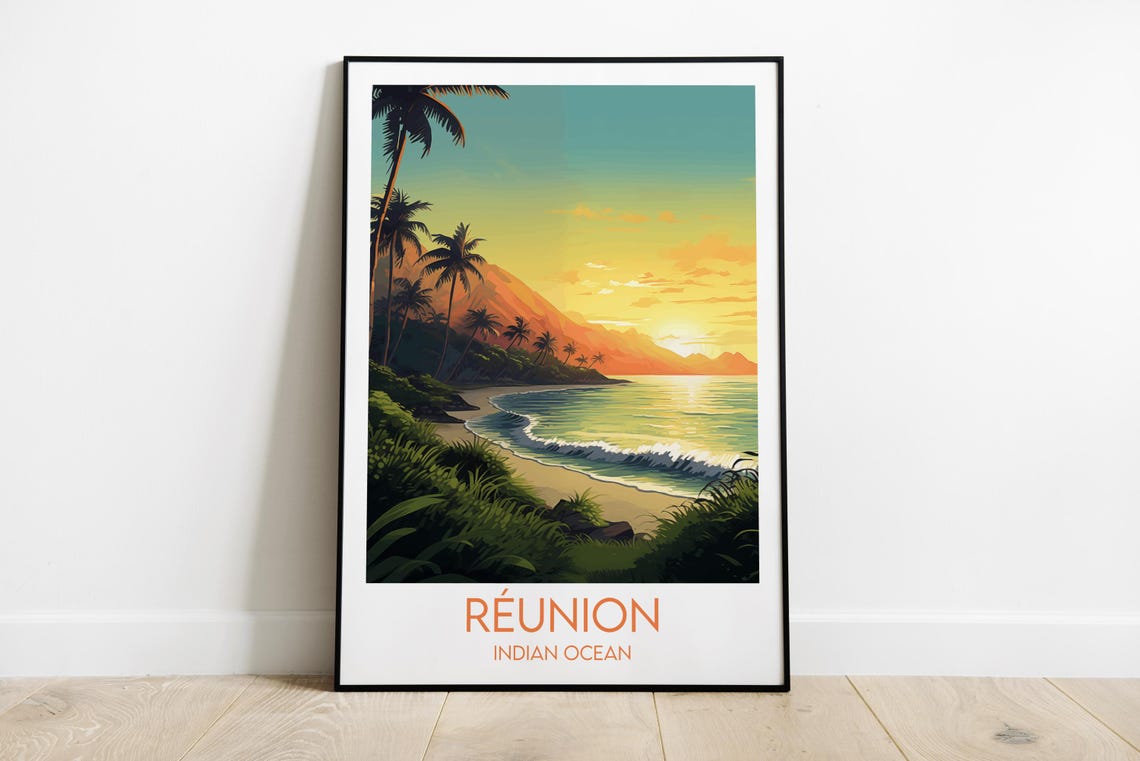 Reunion Indian Ocean Tropical Beach Palms Sunset Travel Wall Art