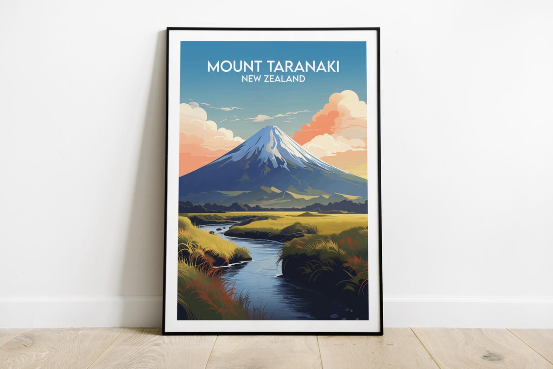 Mount Taranaki New Zealand Snowy Volcano Meadow Stream Poster