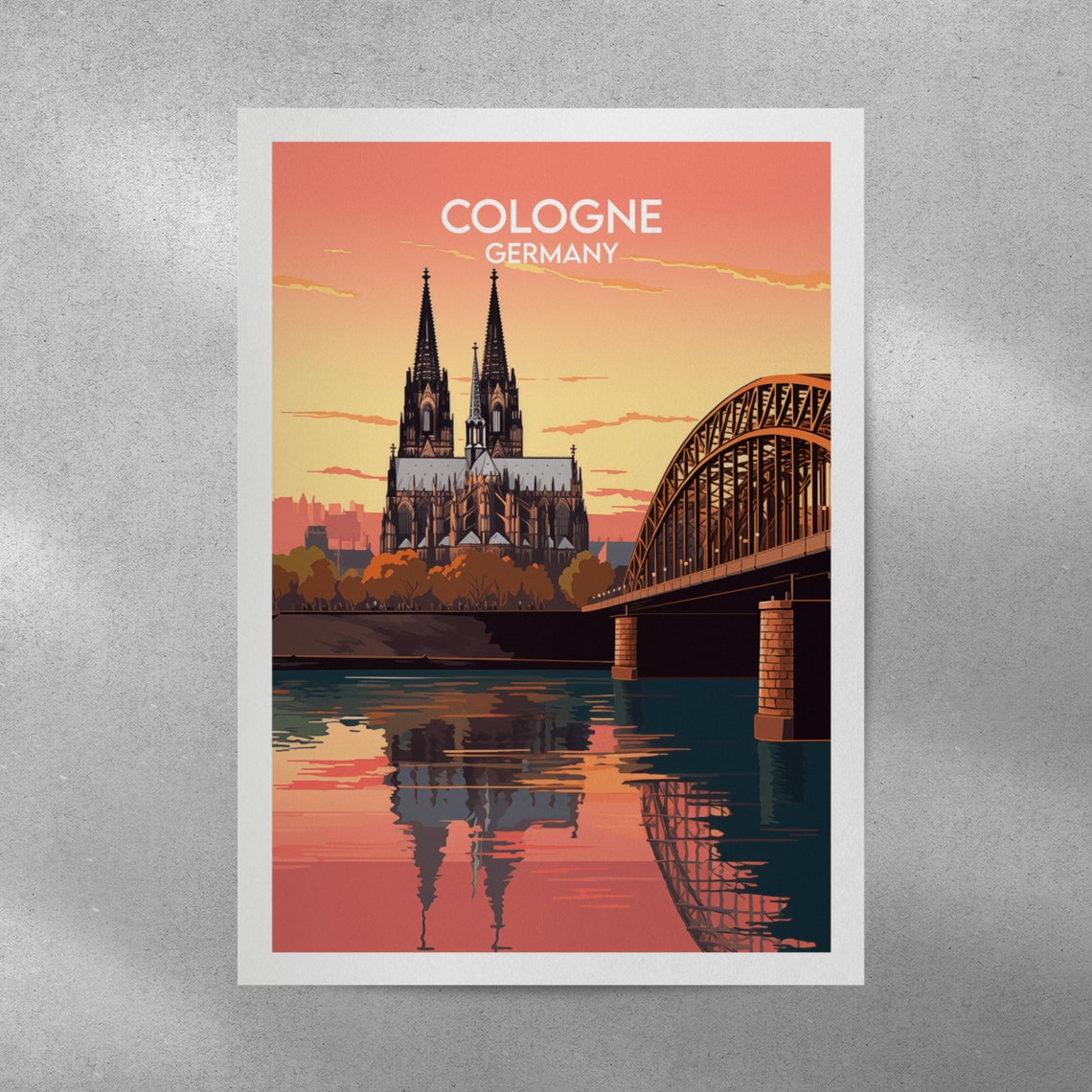 Cologne Germany Sunset Cathedral And Bridge Retro Travel Poster - Image 4