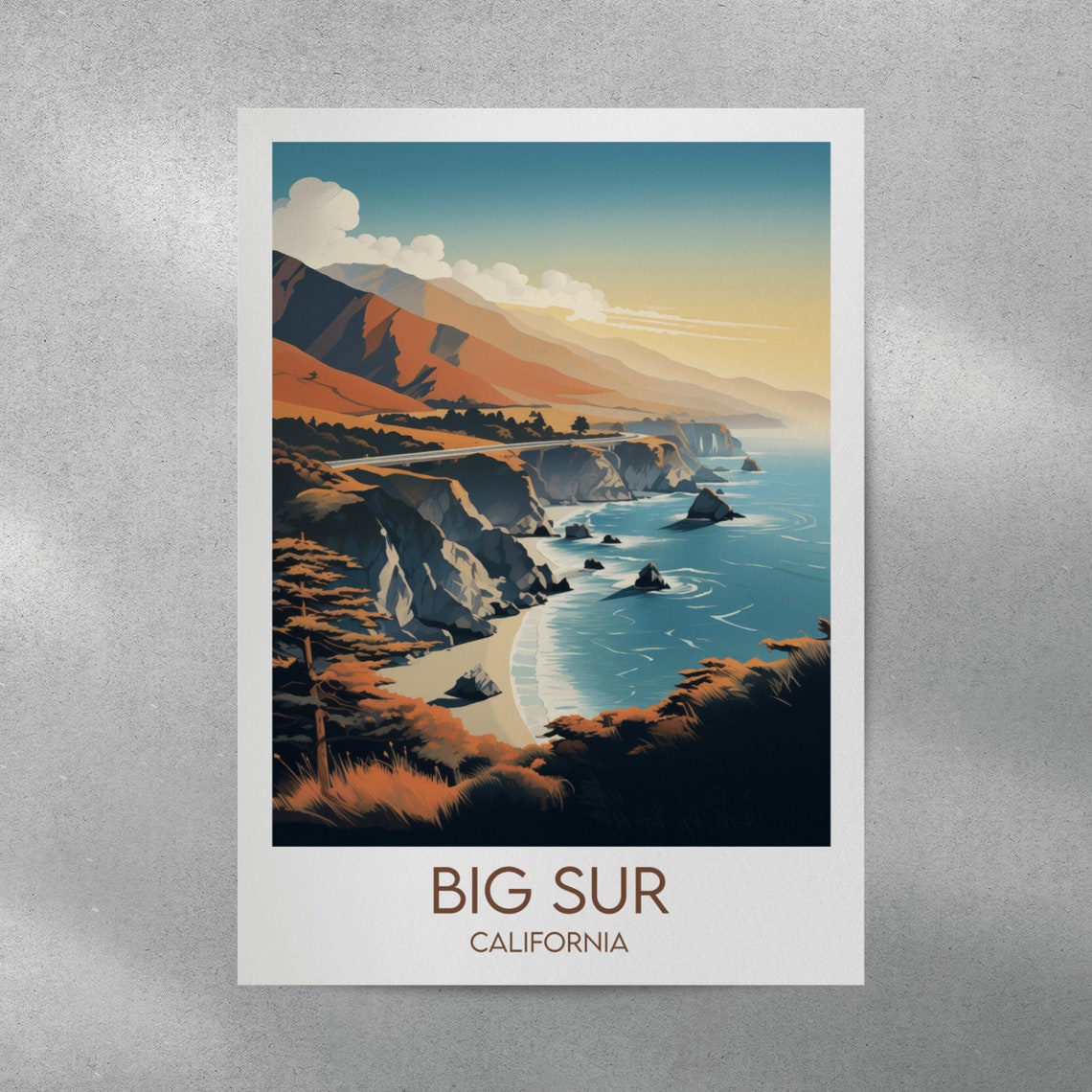 Big Sur California Coastal Bridge Sunset Cliffs Retro Travel Poster - Image 3