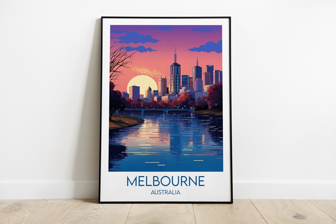 Melbourne Australia City Skyline Sunset River Vibrant Travel Poster