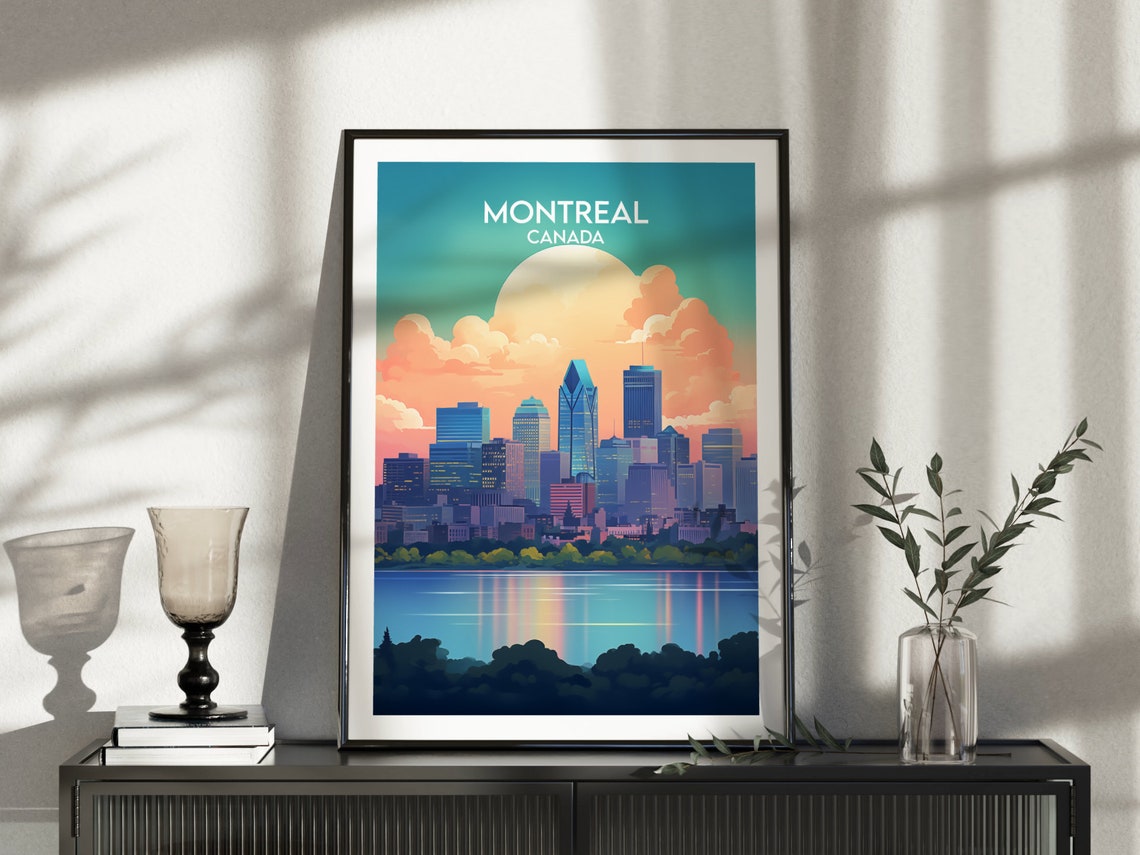Montreal Canada Skyline River Sunset Retro Vintage Travel Poster - Image 3