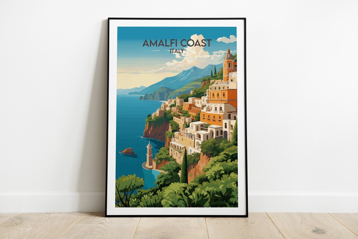 Amalfi Coast Italy Cliffside Village Sea View Vintage Travel Poster
