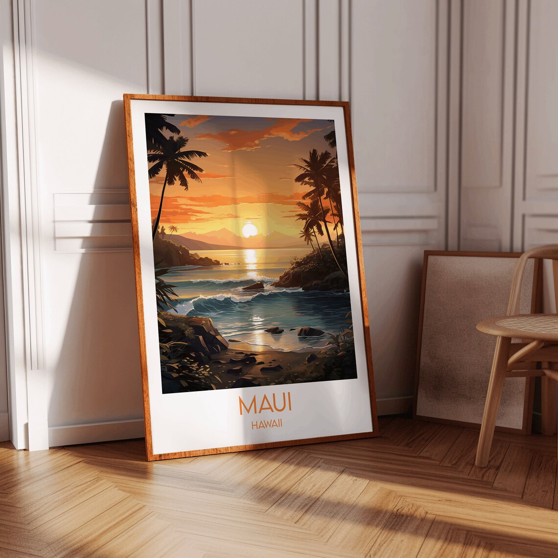 Maui Hawaii Golden Beach Sunset Palm Trees Tropical Travel Poster - Image 2