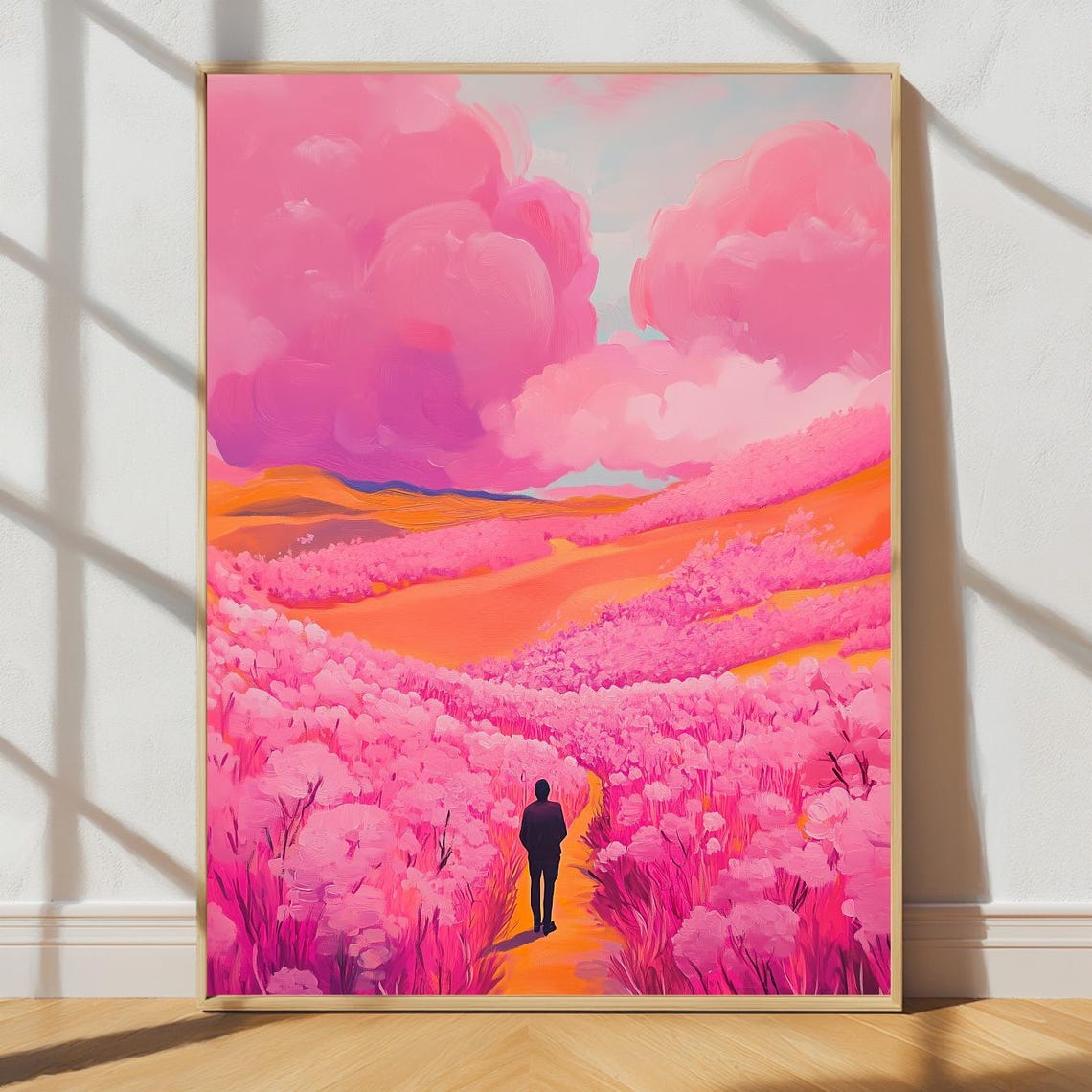 Pink Maximalist Floral Meadow Lone Walker Surreal Dream Poster