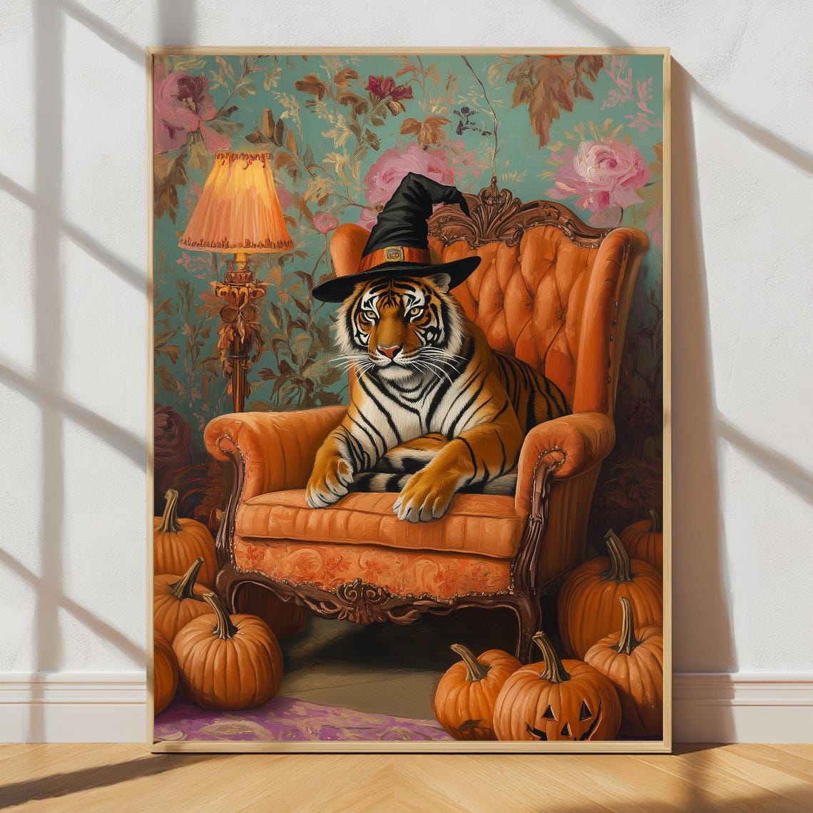 Halloween Tiger Witch Hat Pumpkin Fall Cozy Armchair Animal Poster