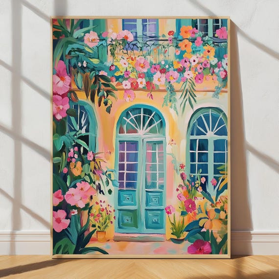 Colorful Garden Art Print Vibrant Botanical Wall Floral Facade Bright Bold Maximalist Decor Illustration