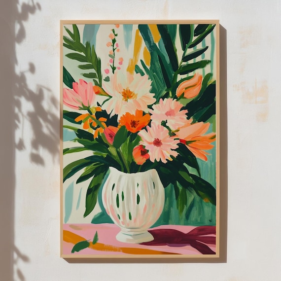 Colorful Flower Vase Wall Art Print Modern Floral Poster Abstract Botanical Painting Bright Living Room Decor Bold