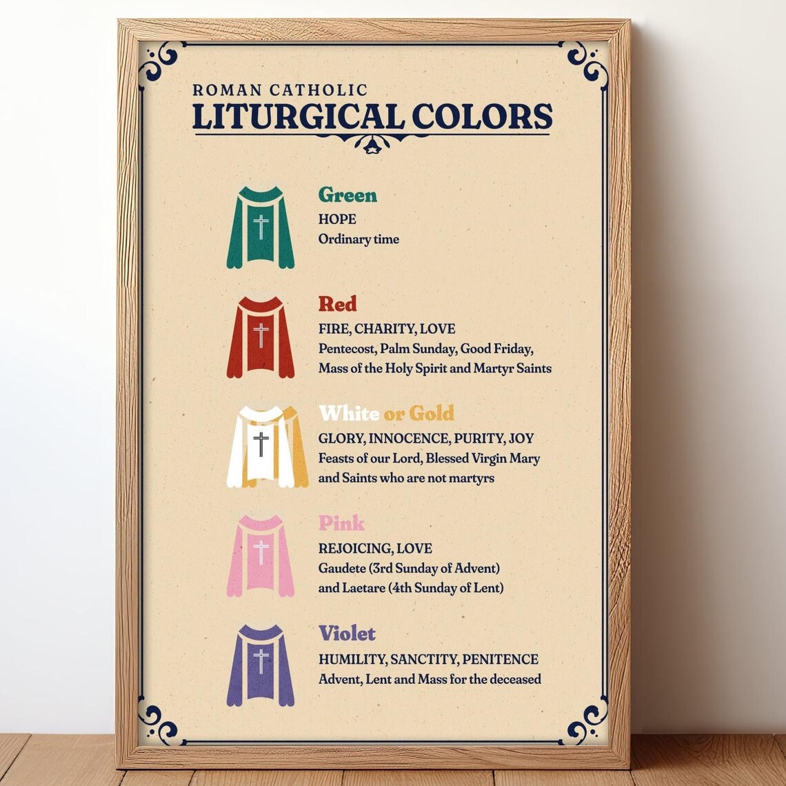 Catholic Liturgical Colors Art Print, Christian Educational
