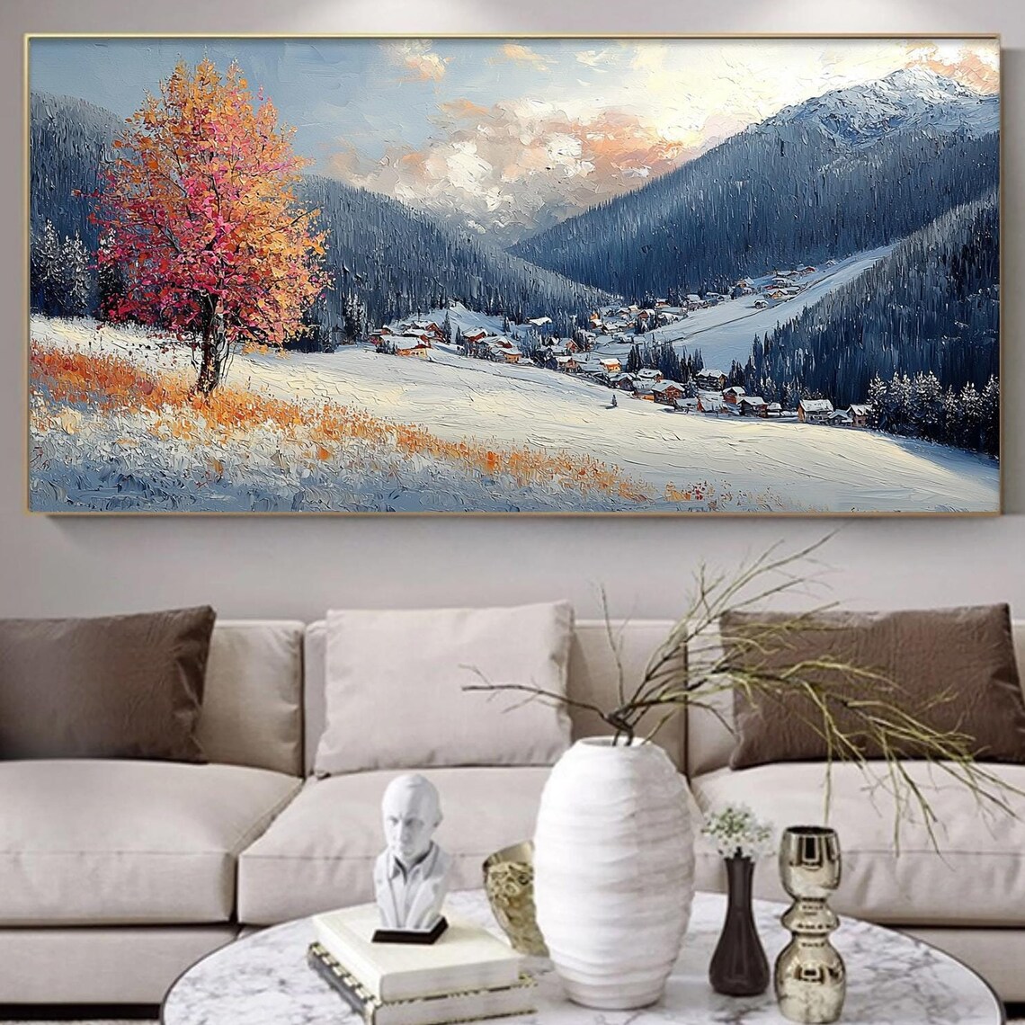 Snowy Mountain Village Red Tree Winter Landscape Impasto Art Poster