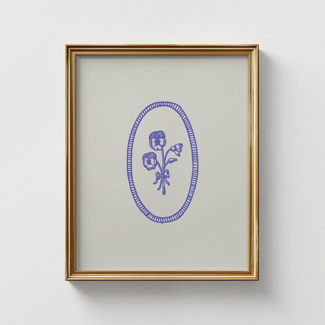 Blue Ink Pansy Flower Posy Oval Border Botanical Sketch Art Poster