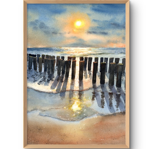 Sunset Beach Watercolor Wooden Groynes Ocean Reflections Calm Poster