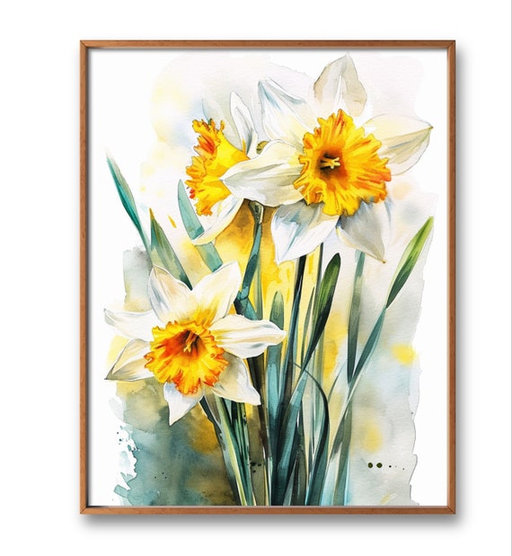 Daffodil Art Print Floral Wall Decor Narcissus Spring Flowers Watercolor Style Prints Botanical Poster