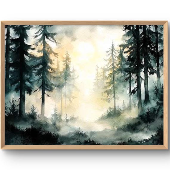 Misty Trees Art Print Pine Forest Wall Foggy Landscape Watercolor Style Calming Decor Poster
