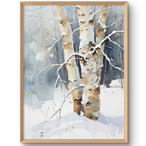 Birch Winter Landscape Watercolor-Style Art Print