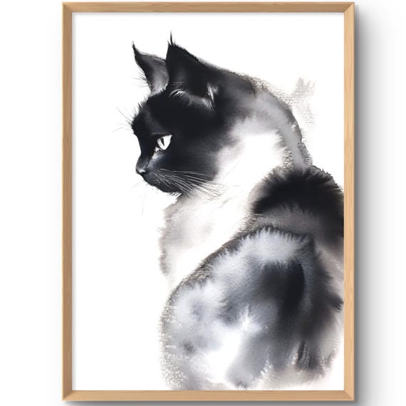Black Cat Watercolor Style Art Print