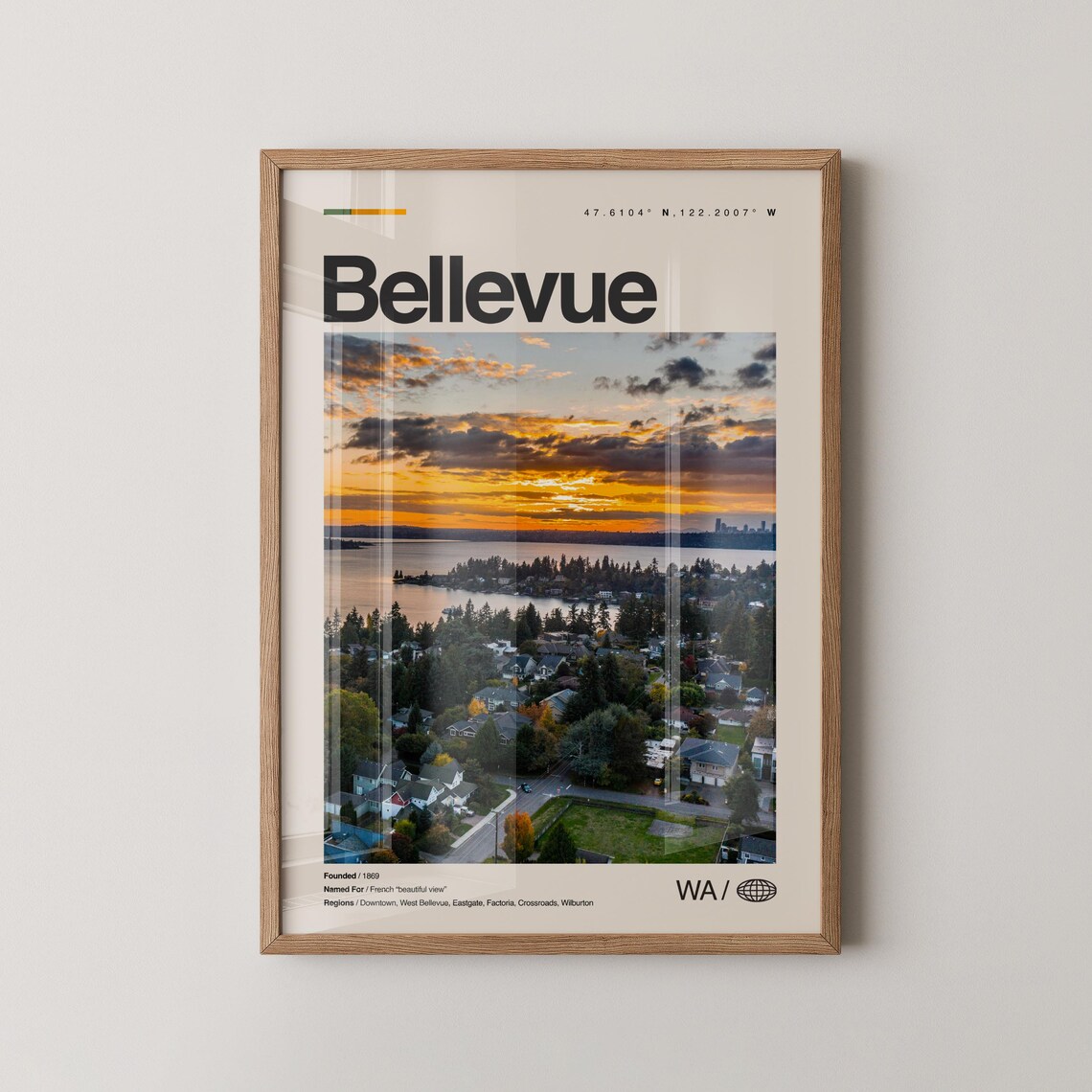 Bellevue Print Wall Art Poster Photo Dcor Map Washington
