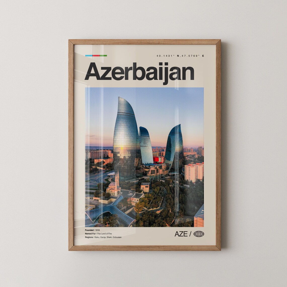 Azerbaijan Baku Iconic Flame Towers Sunset Photo Travel Poster