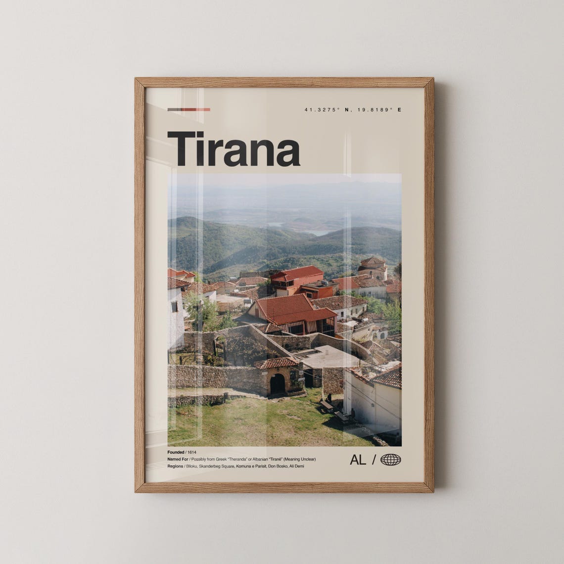 Tirana Travel Poster Albanian Hilltop Village Photo with Coordinates