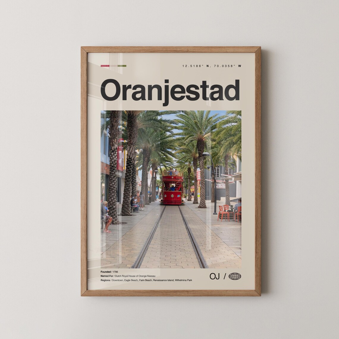 Oranjestad Aruba Red Tram Palm Lined Street Photography Poster