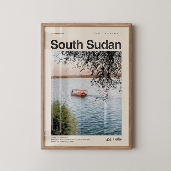 South Sudan River Boat Scene Photo Minimalist Travel Poster Design