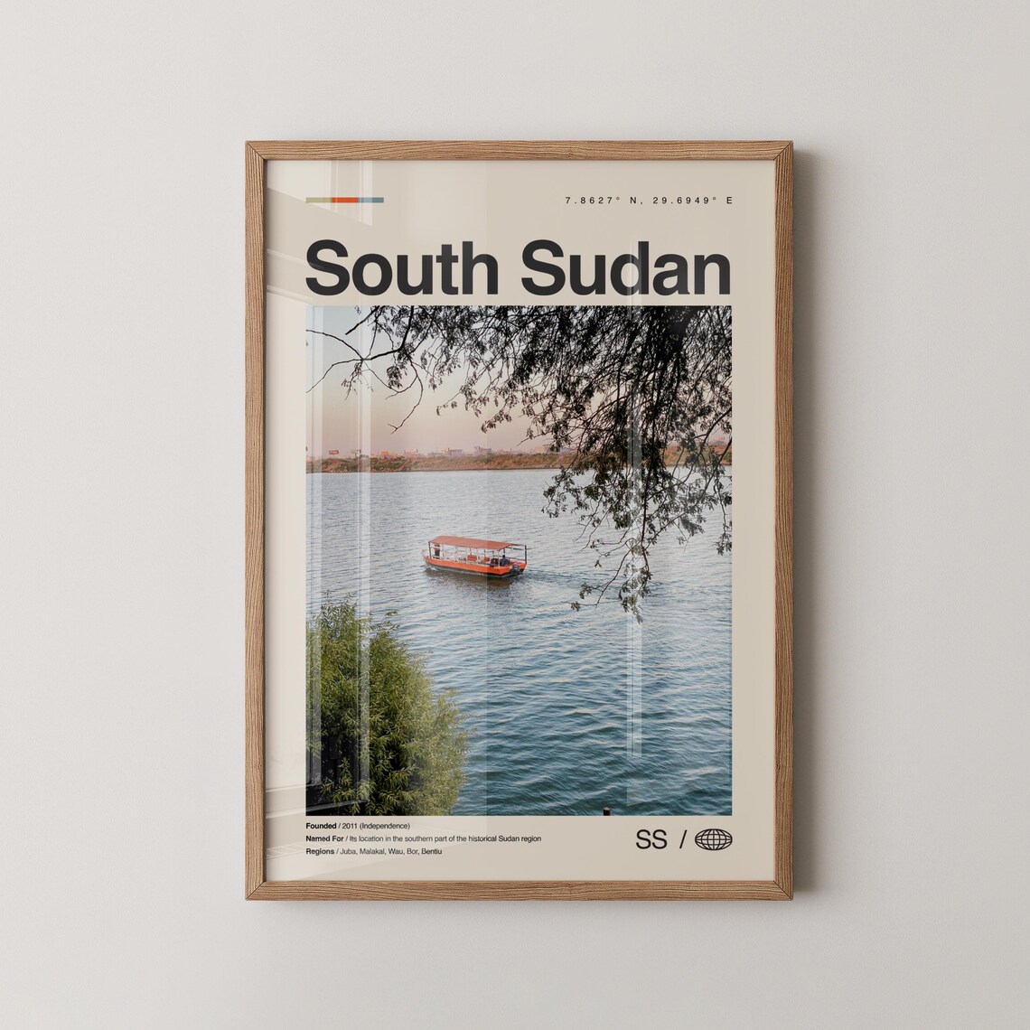 South Sudan River Boat Scene Photo Minimalist Travel Poster Design