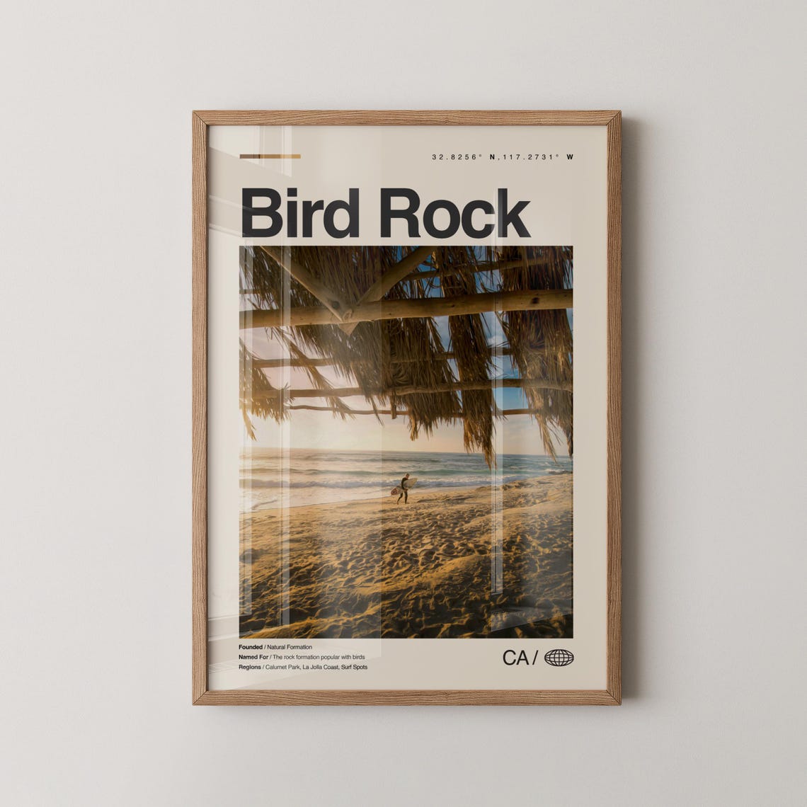 Bird Rock California Travel Poster with Surfer Beach Sunset Scene