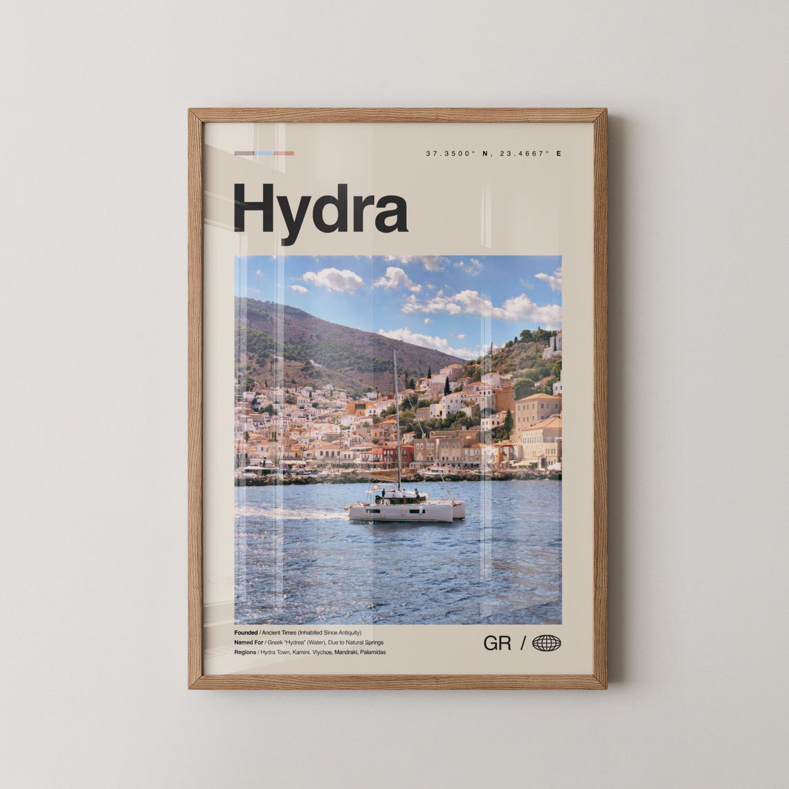 Hydra Greece Harbor Sailboat Photo Travel Poster With Coordinates