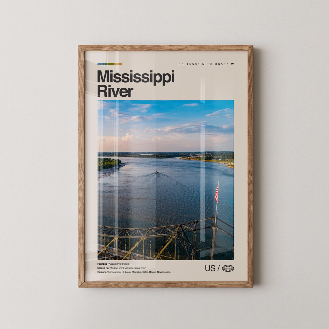 Mississippi River Vintage Mid Century Minimalist Travel Art Poster