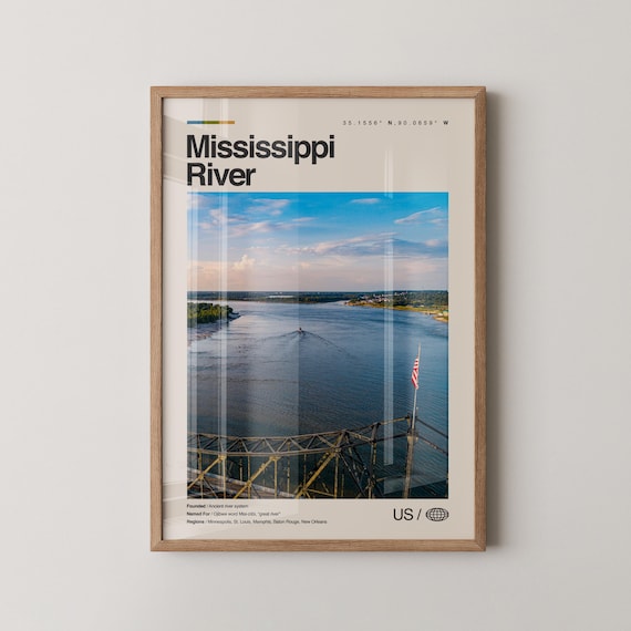 Mississippi River Print Real Photo Travel Art Poster Mid Century Minimal Wall Map Usa