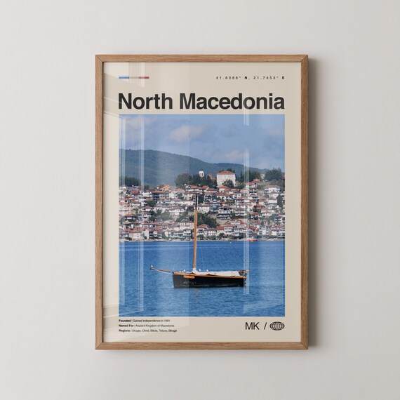 North Macedonia Lakeside Town Sailboat Blue Water Travel Photo Poster