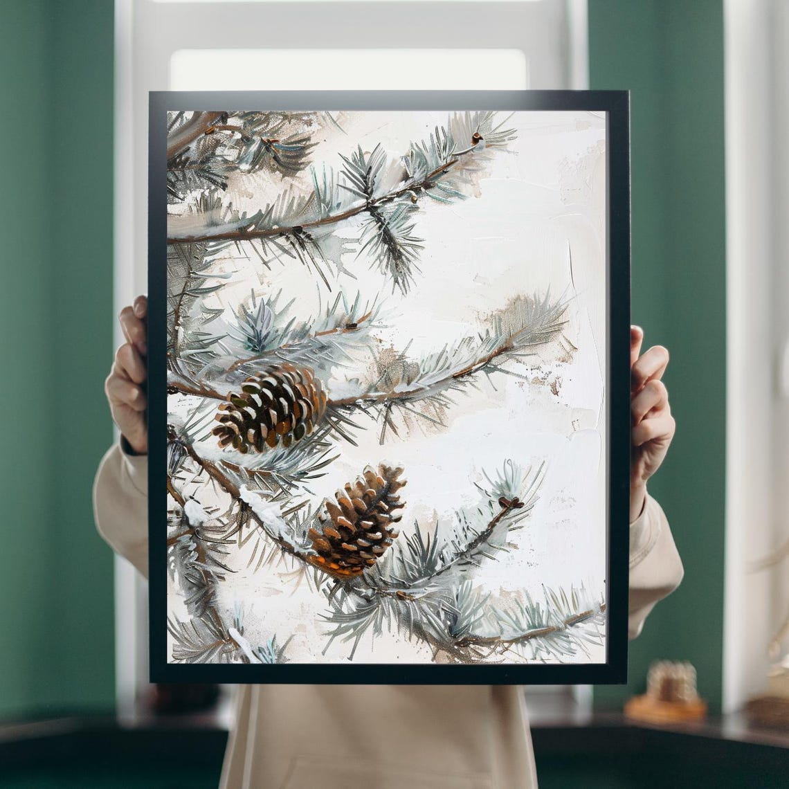 Snowy Pine Branches Pine Cones Soft Winter Watercolor Poster