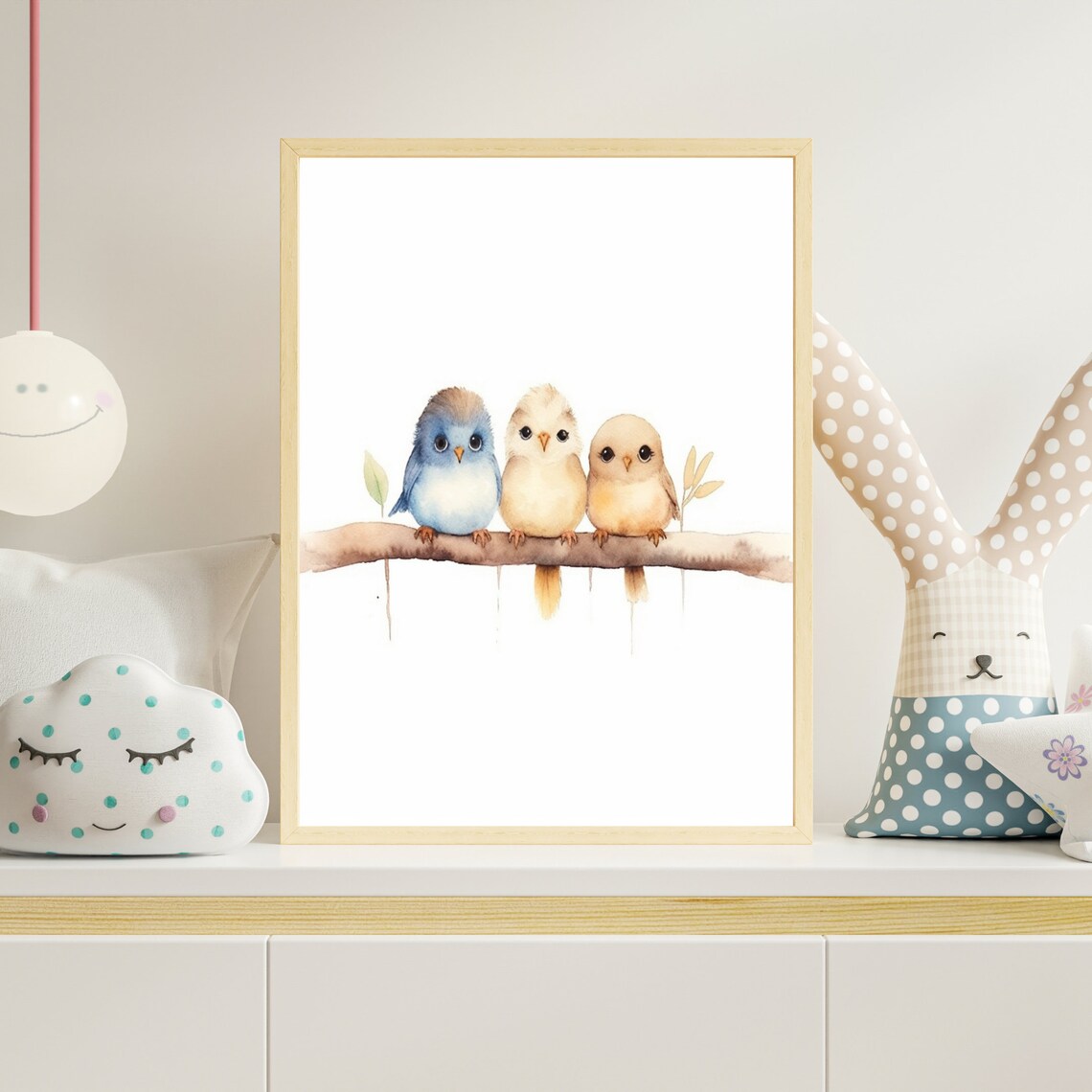 Three Cute Baby Birds on Branch Watercolor Nursery Art Poster - Image 4