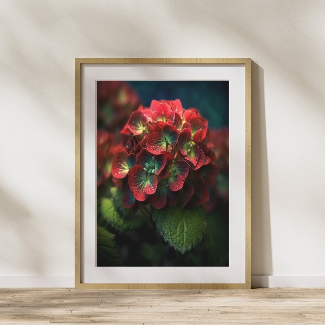 Red Hydrangea Macro Dew Drops Dramatic Botanical Photography Poster