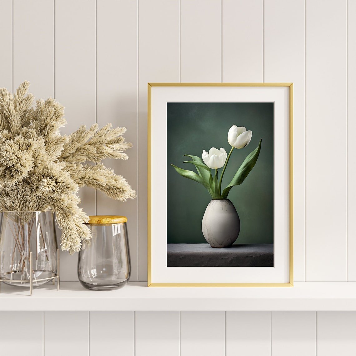 White Tulips In Gray Vase Moody Dark Botanical Photography Poster - Image 4