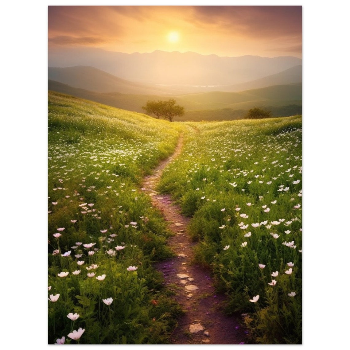 Sunlit Wildflower Meadow Path At Sunrise With Mountains Poster - Image 2