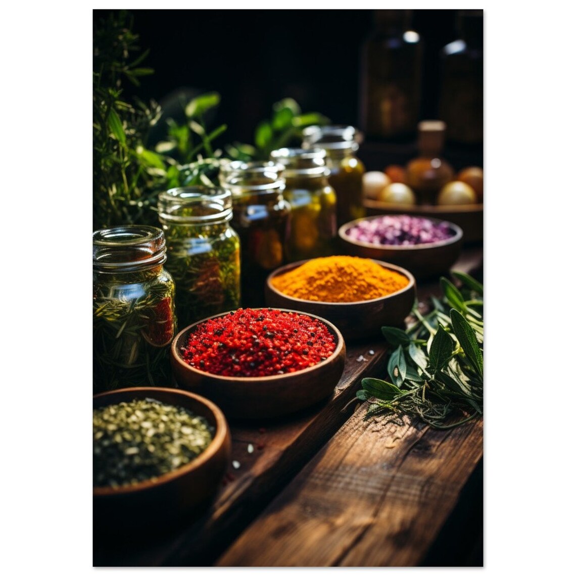 Vibrant Colorful Spices and Herbs Rustic Kitchen Photography Poster - Image 2