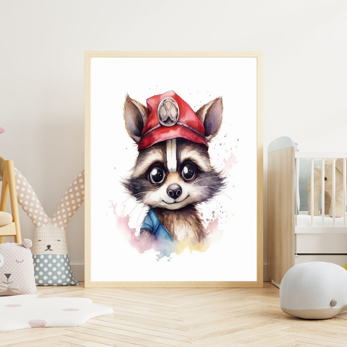 Baby Raccoon Firefighter Helmet Watercolor Nursery Art Poster
