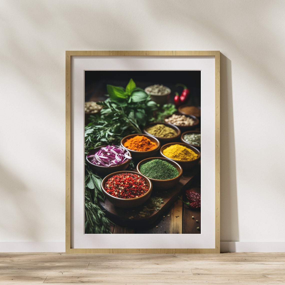 Colorful Spice Bowls Fresh Herbs Rustic Wooden Table Art Poster