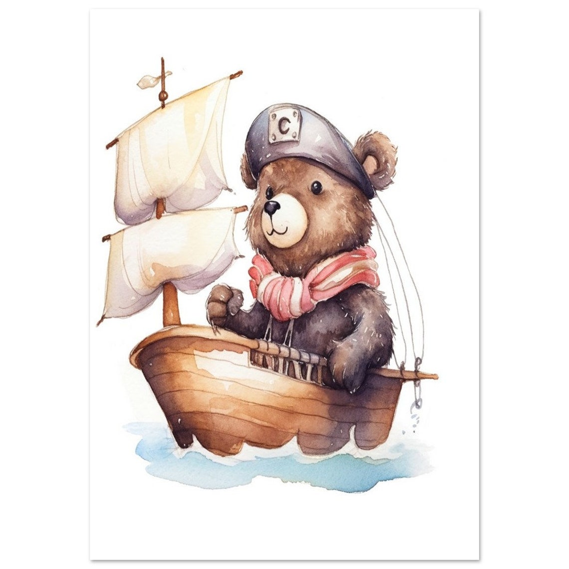 Cute Baby Bear Sailor Captain On Ship Watercolor Nursery Poster - Image 2