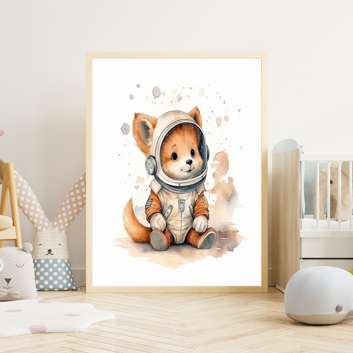 Cute Fox Astronaut Suit Watercolor Baby Nursery Animal Poster