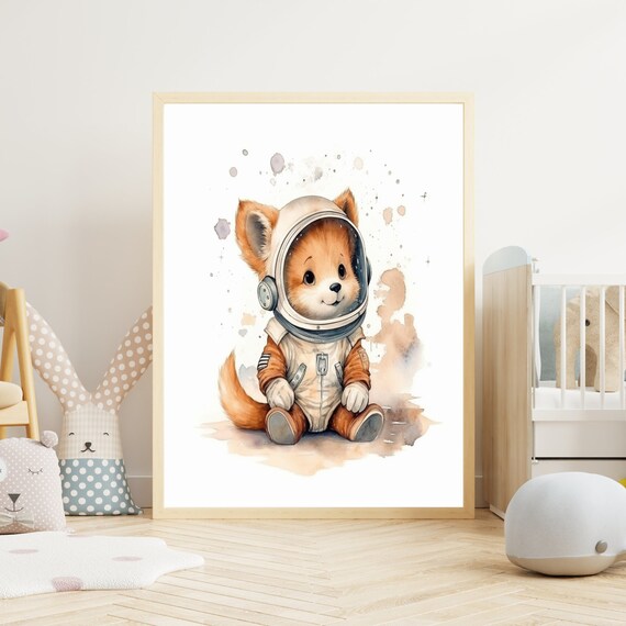 Cute Fox Astronaut Suit Watercolor Baby Nursery Animal Poster