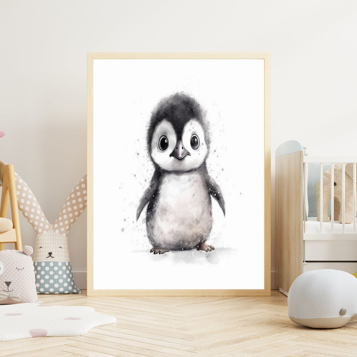 Black and White Baby Penguin Watercolor Portrait Nursery Art Poster