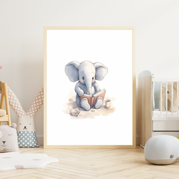 Baby Elephant Reading Book Cute Watercolor Nursery Animal Poster