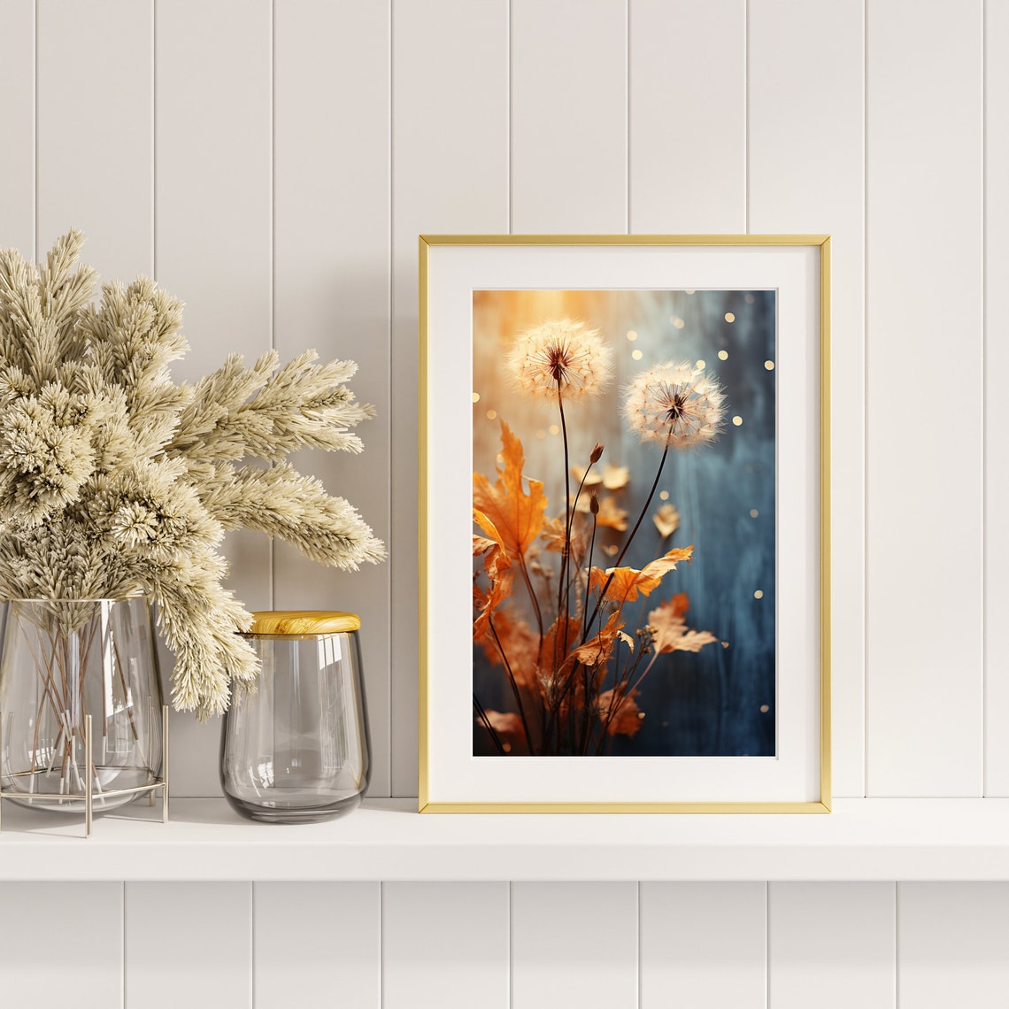 Dandelion Seed Heads Autumn Leaves Golden Bokeh Nature Print - Image 4